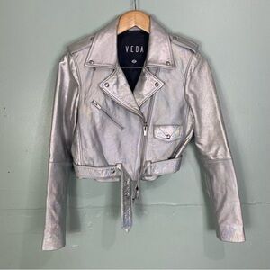 Veda Cropped Leather Silver Iridescent Moto‎ Jacket Sz S